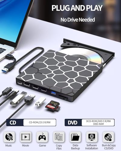 External CD DVD Drive,8 in 1 USB 3.0 and Type-C Disc Reader Writer Burner Player,Slim and Portable CD DVD +/-RW Optical Drive for PC Laptop Desktop MacBook Mac Windows Linux OS Apple - style: 8 in 1