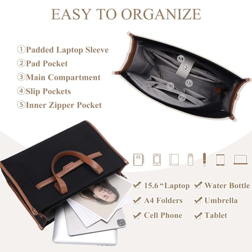 RAVUO Laptop Tote Bag Women, Water Resistant 15.6 Inch Large Canvas Handbag Business Briefcase With Detachable Shoulder Strap - color: Brown With Wallet Purse