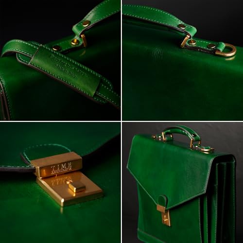 Time Resistance Leather Briefcase for Men - Business Laptop Bag - Italian Handmade Leather Bag - Attache - Gift Box Included - color: Green