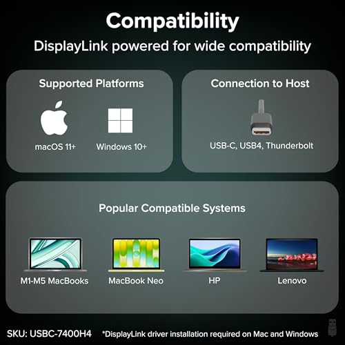 Plugable USB C to Quad HDMI 4K Adapter with 100W PD Pass-Though Power Delivery for Windows, Mac M1/M2/M3/M4, Thunderbolt, and USB-C Laptops | TAA, DisplayLink Pro, Driver Required (USBC-7400H4)