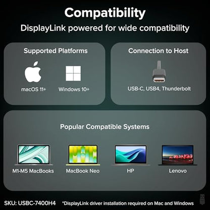 Plugable USB C to Quad HDMI 4K Adapter with 100W PD Pass-Though Power Delivery for Windows, Mac M1/M2/M3/M4, Thunderbolt, and USB-C Laptops | TAA, DisplayLink Pro, Driver Required (USBC-7400H4)