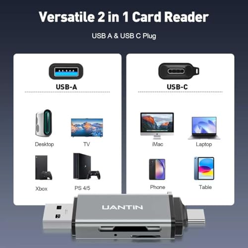UANTIN SD Card Reader USB C, Dual Slots USB A & USB C Memory Card Adapter for MicroSD, SDHC, SDXC, Simultaneous Read & Write Slot Compatible Laptop, iPhone 17, MacBook Neo/Pro/Air, iPad Pro, Android