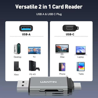 UANTIN SD Card Reader USB C, Dual Slots USB A & USB C Memory Card Adapter for MicroSD, SDHC, SDXC, Simultaneous Read & Write Slot Compatible Laptop, iPhone 17, MacBook Neo/Pro/Air, iPad Pro, Android