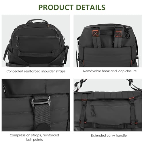 Vomgomfom 86L Collapsible Wheeled Duffle Bag Waterproof, Black | Detachable Backpack Straps, Padded Laptop Sleeve, Quilted Reinforced Base, U-Shape Mesh Pocket, Shoe Compartment - color: Black