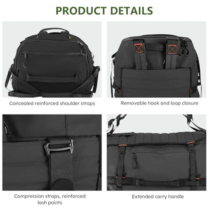 Vomgomfom 86L Collapsible Wheeled Duffle Bag Waterproof, Black | Detachable Backpack Straps, Padded Laptop Sleeve, Quilted Reinforced Base, U-Shape Mesh Pocket, Shoe Compartment - color: Black
