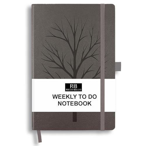 RICCO BELLO Undated Weekly Planner To Do Notebook, Tree, 5.7 x 8.4 Inches | Faux Leather, Hardcover, Pen Holder, Bookmark & Band Closure, Storage Pocket - color: Gray Tree