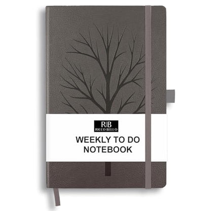 RICCO BELLO Undated Weekly Planner To Do Notebook, Tree, 5.7 x 8.4 Inches | Faux Leather, Hardcover, Pen Holder, Bookmark & Band Closure, Storage Pocket - color: Gray Tree