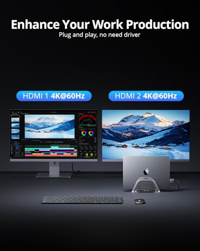 MacBook Pro Docking Station Dual Monitor 4K@60Hz with 100W Power Adapter, USB C Docking Station Vertical Stand for MacBook Pro/Air with 2 HDMI, USB 3.0, SDµSD, Ethernet, Audio