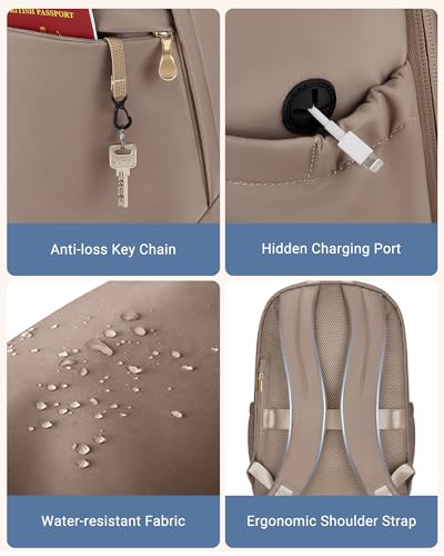Travel Backpack for Women, 15.6 Inch, Champagne | Laptop Backpack, USB Charging Hole, Water Resistant, Large Capacity, College Bookbag - color: Champagne, size: 15.6 Inch without Wheels
