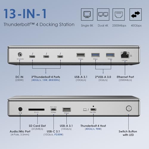 WAVLINK Thunderbolt 4 Docking Station, Single 8K or Dual 4K Display for MacBook Pro/Air Thunderbolt 4/3, 98W PD, USB-C/USB 4 Windows(4xTBT 4, 4xUSB-A, USB-C, 2.5G Ethernet, SD, Audio, DC Port)