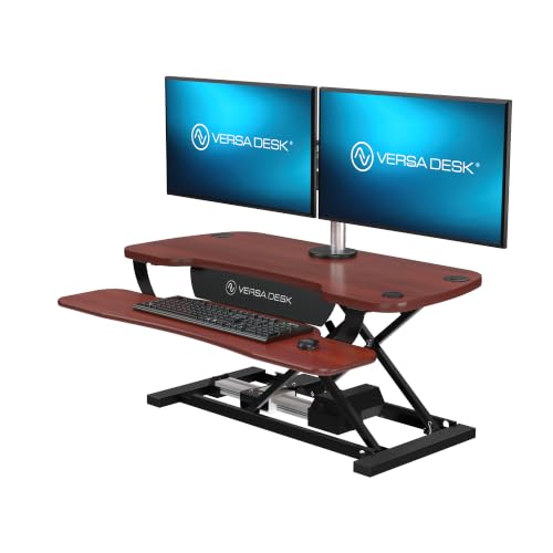 VERSADESK PowerPro 36 Inch Electric Standing Desk Converter – Push-Button Height Adjustable Sit to Stand Desk Riser for Dual Monitors & Laptop – Motorized Desktop Workstation with Wide Keyboard Tray - color: Cherry, size: 36" Wide