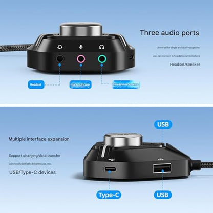 External Sound Card USB Adapter Sound Card with 3x3.5mm 2xUSB 1xType C Port for Laptop Desktop Headphone
