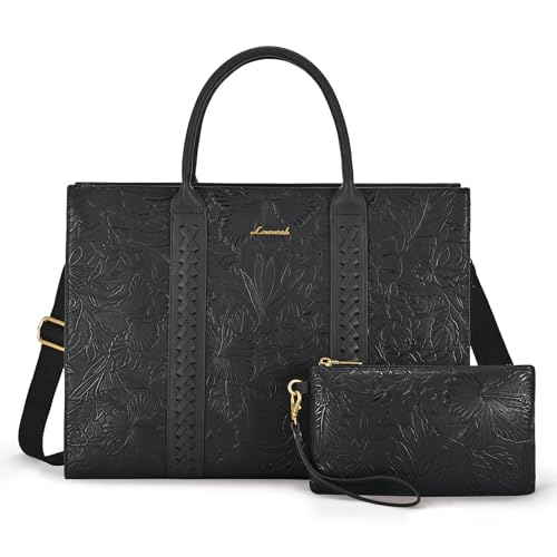 LOVEVOOK Laptop Bag for Women, Vintage Leather Work Bags, Professional Computer Bag Laptop Tote Bag Fit 15.6 Inch Laptop, Business Handbag Office Briefcase Large Shoulder Purse, Black Embroidery - color: Black Embroidery, size: 15.6 Inch