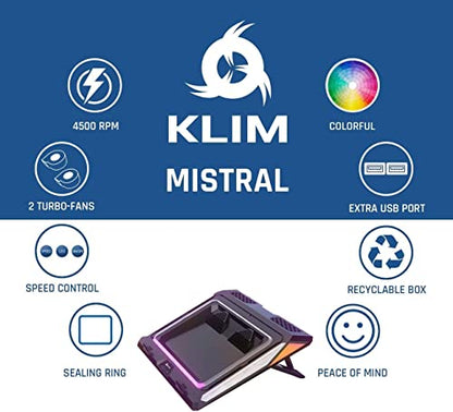 KLIM Mistral Laptop Cooling Pad - New - Powerful Turbo-Laptop Fans (4500 RPM) - Rubber Seal and Dust Filters for Maximum Performance - Gaming Laptop Cooler to Avoid Overheating - 15.6-17.3 inch