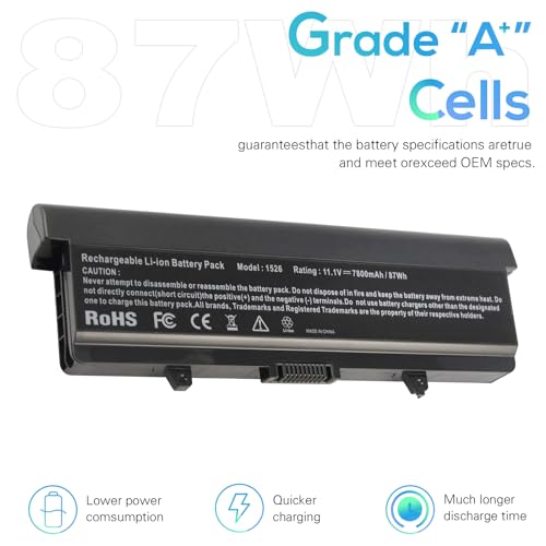 TREE.NB High Capacity Battery for Dell Inspiron 1545 1526 1525 PP41L PP29L Series Laptop Battery, Fits P/N: GP952 GW252 GW240 X284G RN873 M911 M911G [7800mAh/11.1V/9-Cells] - size: 7.68x3.03x0.23inch 1526