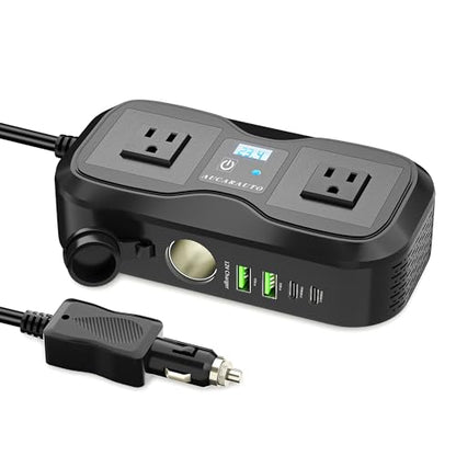 7 in 1 Car Power Inverter, 200W DC 12V to 110V AC Car Inverter with LED Voltmeter, 4-Port PD/QC3.0 Charge, 2 Car Outlets and Cigarette Lighter Adapter USB C Car Charger for All Car Devices - size: 200W