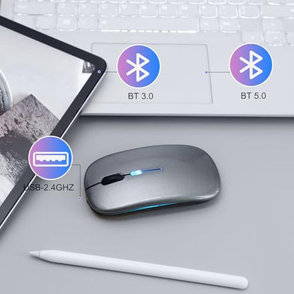 Wireless Bluetooth Mouse Rechargeable Long Lasting Dual Mode - BT 5.2 & 2.4G Silent RGB LED Mice, Slim Portable Ergonomic Mouse for Laptop/PC/Tablet/MacBook/iPad/Apple Devices(Grey) - color: Grey
