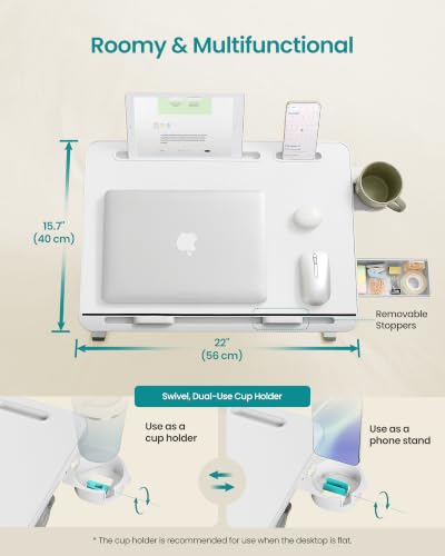 SONGMICS Bed Laptop Desk, Foldable Bed Desk for Laptop, 15.7 x 22 Inches Large Desktop, 120° Stepless Tilt, Adjustable Height, Cup Holder, Tray, Portable Sofa Table, White ULLD113WB01 - color: White