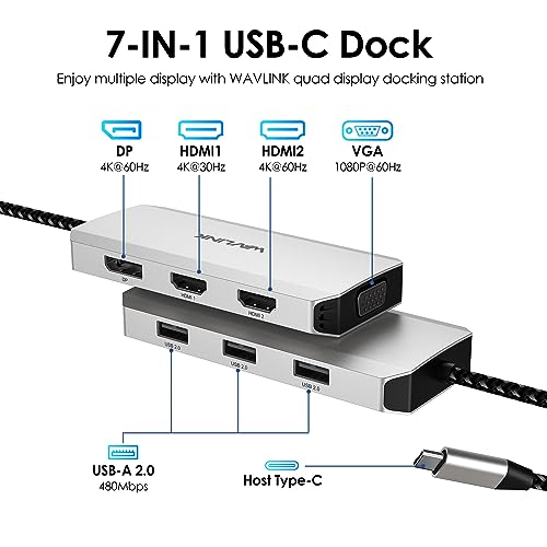 USB C Docking Station, Docking Station Quad Monitors with Dual HDMI,DP,VGA,3* USB-A2.0 for Wireless Device,Compatible with Lenovo, HP, Dell, Windows System Computer