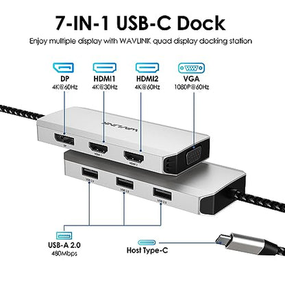 USB C Docking Station, Docking Station Quad Monitors with Dual HDMI,DP,VGA,3* USB-A2.0 for Wireless Device,Compatible with Lenovo, HP, Dell, Windows System Computer