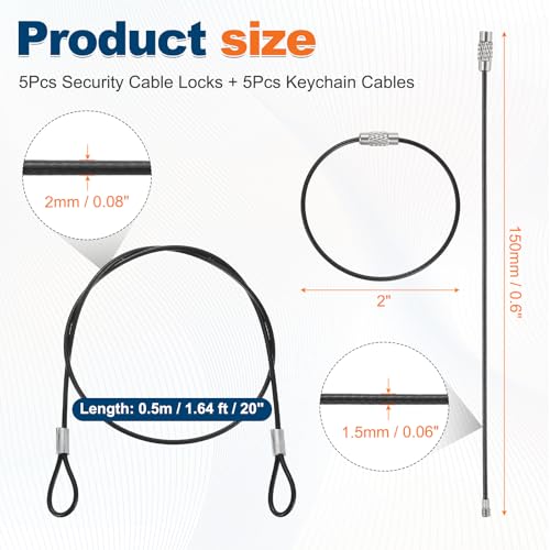 5 Set Double Loop Security Cable Lock (1.64 ft X0.08'') + Keychain Cable, Black - color: Black, size: 1.64 ft x 0.08 Inch