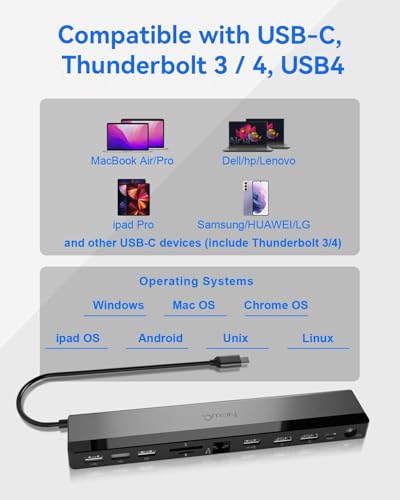 USB C Docking Station Dual Monitor with Power Adapter: NewQ 12-in-1 Thunderbolt 3 | 4 Dock, Dual 4K HDMI, 4 USB, Audio, Ethernet, SD/TF Slot, 18W PD Out, for Mac, HP, Dell, Lenovo, Surface, Asus, Acer - size: NQ-DK-02-Standard