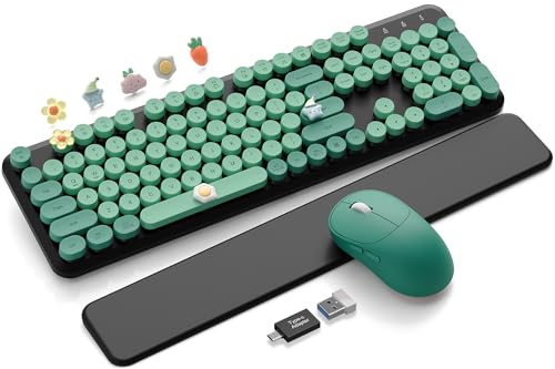 Wireless Keyboard and Mouse Combo - Cute Typewriter Keyboard with Detachable Wrist Rest, Retro Round Keycaps, Foldable Legs, 2.4GHz Keyboards for PC Laptop, Mac, Windows - Trueque (Black and Green) - color: Black and Green