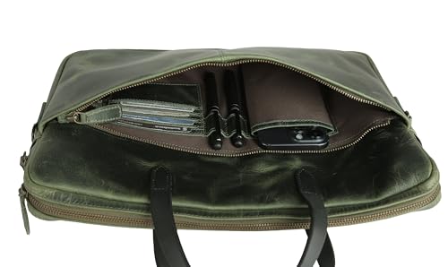 KomalC Leather Laptop Sleeve 15.5" with Trolley Strap, Fits up to 16" Laptop, Slim Office Bag with Shoulder Strap - color: Green