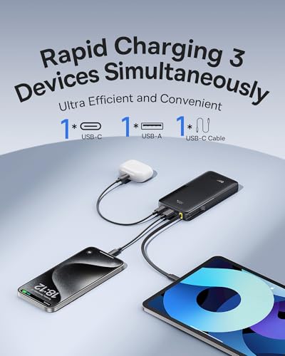 Baseus Portable Charger, 10000mAh Fast Charging Power Bank, 22.5W PD3.0 QC3.0 Battery Pack Built-in USB C Braided Cable, Travel Essentials for iPhone 17 16 15, iPad, S25/S24, Indoor/Outdoor, Travel