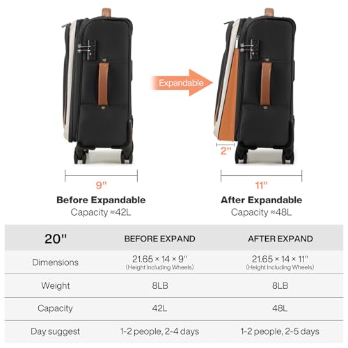 mixi Carry On Luggage 20 Inch Softside Suitcase, Black-Off White | Front Pocket, 22x14x9 Airline Approved, Rolling Spinner Wheels, TSA Lock, Lightweight - color: Black-Off White