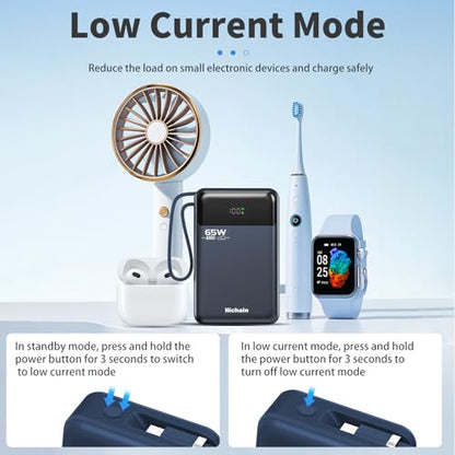 Hichain Laptop Power Bank 65W Portable Charger 20000mAh Blue | Fast Charging with USB C Cable, Phone Charger for iPhone 17/16/15/14/13 All Series/Samsung/Android, Camping Essential - color: Blue