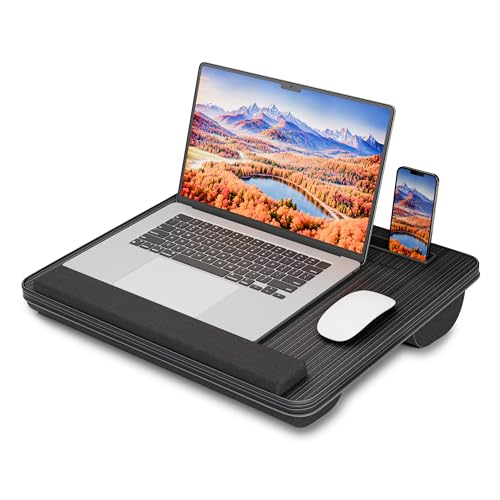 HETTHI Portable Lap Desk, Laptop Stand for Bed with Soft Wrist Rest, Tablet/Phone Slot, Fabric Handle, Laptop Bed Desk with Cushion (Black) - color: Blacks, size: Medium 15.55×12.79inch