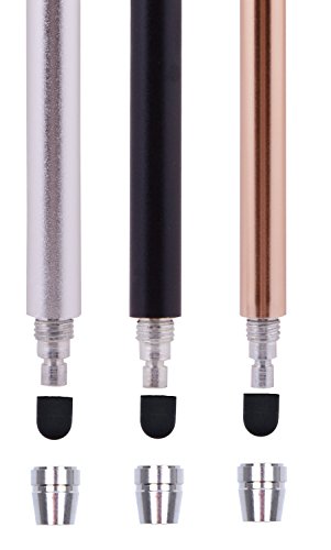 The Friendly Swede Stylus Pen for Touchscreen with Replaceable Thin Tips | 3 Spare Rubber Tips, 3 Elastic Lanyards, Microfiber Cleaning Cloth, 3-Pack 5.5" High Precision Stylus Pen, Gold/Silver/Black - color: Gold/Silver/Black