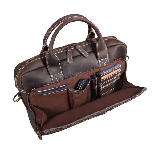 16" Full Grain Leather Briefcase Laptop Bag Shoulder Messenger Bag Classic Handbag for Business or Travel | Full Grain Leather - color: Dark Coffee