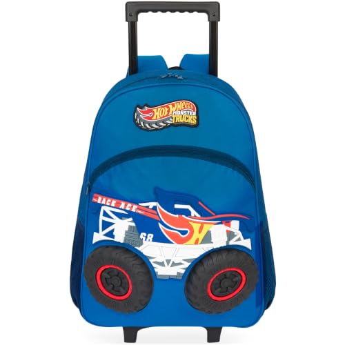 Get Trend Hot Wheels Monster Trucks 3D Rolling Luggage, 18” Travel Bag | 23L Cabin Suitcase, Lightweight Kids Carry On Backpack with Telescopic Handle for Trips, Holidays & School - color: Multi/Blue Hot Wheels