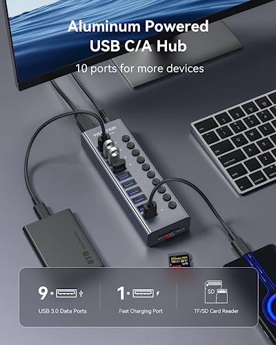 WENTER Powered USB Hub 3.0 with SD/TF Card Reader, Aluminum 10 Port Powered USB Hub (9 USB 3.0 Data Transfer Port & 1 USB Fast Charging Port Hub) USB 3.0 Hub for PC, Laptop - size: 9+1