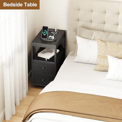 Narrow End Table with Charging Station and Wheels, Movable Narrow Sofa Side Table with USB Ports and Outlets for Small Space, Living Room, Bedroom and Office, Bedside with 4 Wheels (Black) - color: [A1] Black