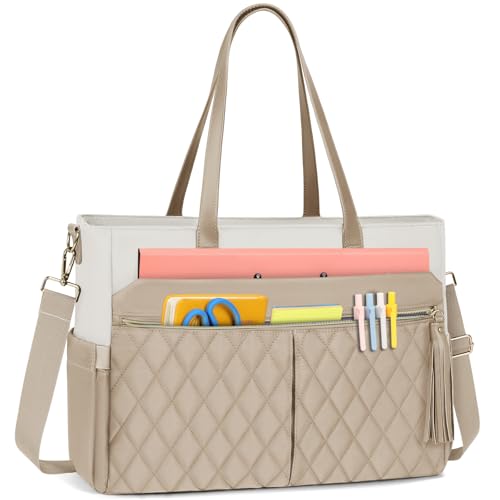 RAINSMORE Laptop Bag for Women 15.6" Teacher Tote Work Bag with Insulated Pockets, Professional Nurse Bag Laptop Briefcase Large Handbag for Office College Nursing, Apricot-White - color: Apricot and White