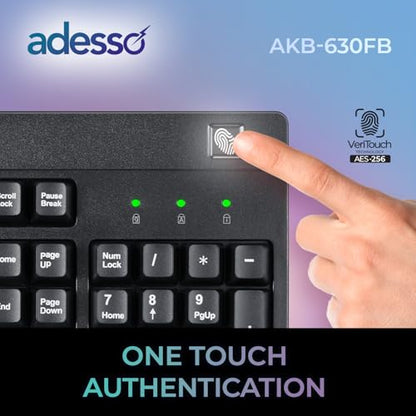Adesso Fingerprint Keyboard, Full Size, AKB-630FB-TAA | TAA Compliant, AES 256 Encryption, USB Wired, 104 Key Layout, Windows Hello Compatible, Made in Taiwan, Government, Business