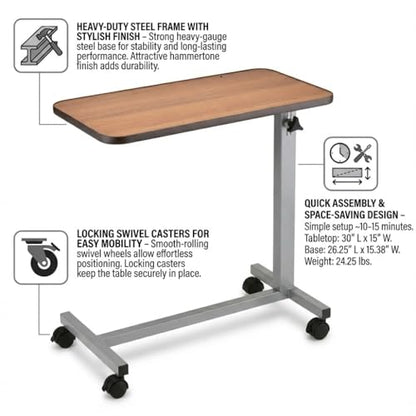 NOVA Overbed Table with Locking Swivel Wheels, Height Adjustable, Walnut Wood Grain Top, Heavy-Duty Steel Base, Easy Assembly, Bedside Laptop & Meal Table - style: Standard