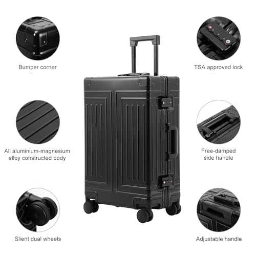 All Aluminum Magnesium Carry On Luggage，Cut from Whole Aluminum Sheet，22x14x9 Airline Approved ，（3rd Generation，Premium Magnesium Metal zipperless suitcase ） (black, 24inch) - color: black, size: 24 inch