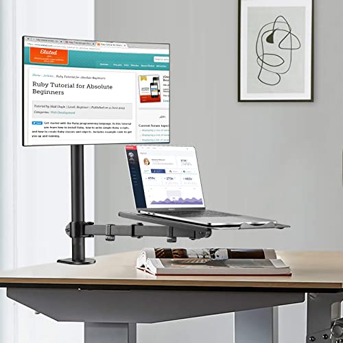 suptek Monitor and Laptop Mount Holds 13-32 inch Computer Screen, Adjustable Monitor Arm Stand with Laptop Tray for 13-27 inch, Hold 22 lbs, with Clamp and Grommet Mounting Base - style: Dual laptop & monitor mount
