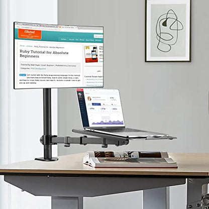 suptek Monitor and Laptop Mount Holds 13-32 inch Computer Screen, Adjustable Monitor Arm Stand with Laptop Tray for 13-27 inch, Hold 22 lbs, with Clamp and Grommet Mounting Base - style: Dual laptop & monitor mount