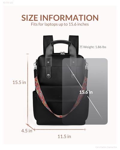 Leather Laptop Backpack 15.6 inch Womens Computer Bag Black | 3-in-1 laptop purse: Dedicated 15.6" Compartment, 7-Pocket Organizer, Colorful Shoulder Strap, Work & Travel Ready - color: Purse Black