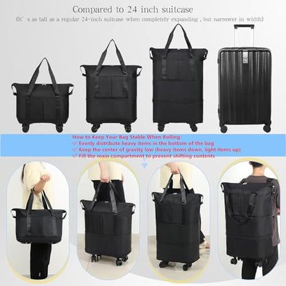 VOOWO Duffel Bag with Wheels - Rolling Foldable Expandable Duffle Bag with Wheels for Travel, Rolling Luggage Bag Carry On Travel Bag with Wheels, Large Wheeled Overnight Weekender Bag (Black) - color: Black