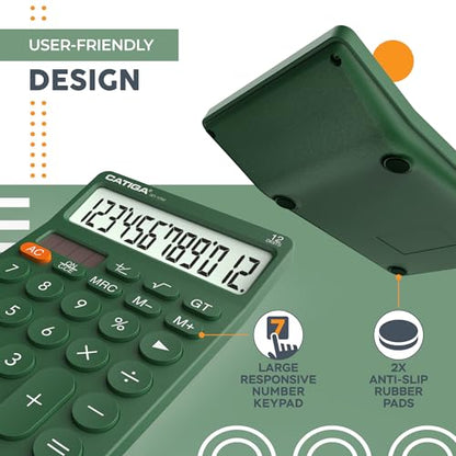 CATIGA 12 Digit Desktop Calculator Basic Desk Calculator with Large LCD Display, Big Buttons, 4 Function, Solar and Battery Dual Power, for Office, School, Home, SD-1292 Green - color: 6) Green