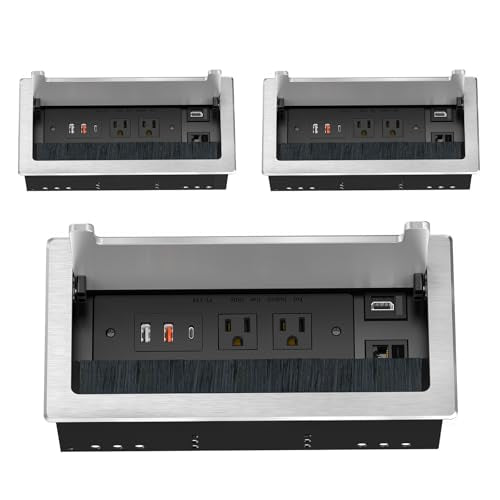 Kungfuking 3Pack Conference Table Power Hub, Outlet Multimedia Connectivity Box with 1 HDMI + 1 RJ45 + 20W USB C + 2 USB A + 2 AC Outlets, Heavy Duty Metal for Countertop Office UL Listed - color: 3PCS 6FT HDMI Silver