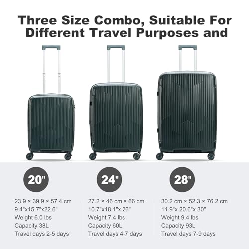 Nazhura Luggage Set, 3-Piece Hardside Suitcase Set, 20-inch Carry On, 24-inch, 28-inch Luggage - color: Dark Green