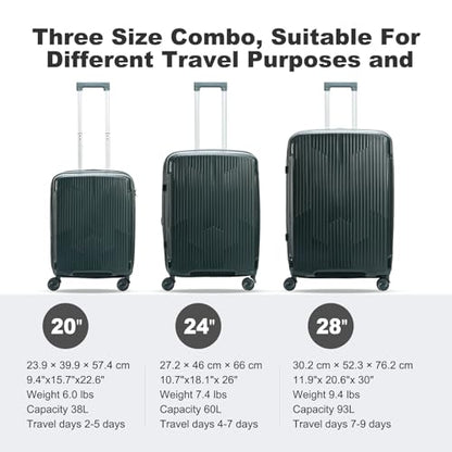 Nazhura Luggage Set, 3-Piece Hardside Suitcase Set, 20-inch Carry On, 24-inch, 28-inch Luggage - color: Dark Green