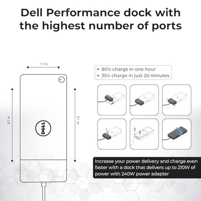 WD19DCS Dell Docking Station Dual Monitor - 4K Display, USB-C Performance Dock with 240W Adapter, HDMI, DisplayPort, USB-C Cables & Cloth (Renewed)